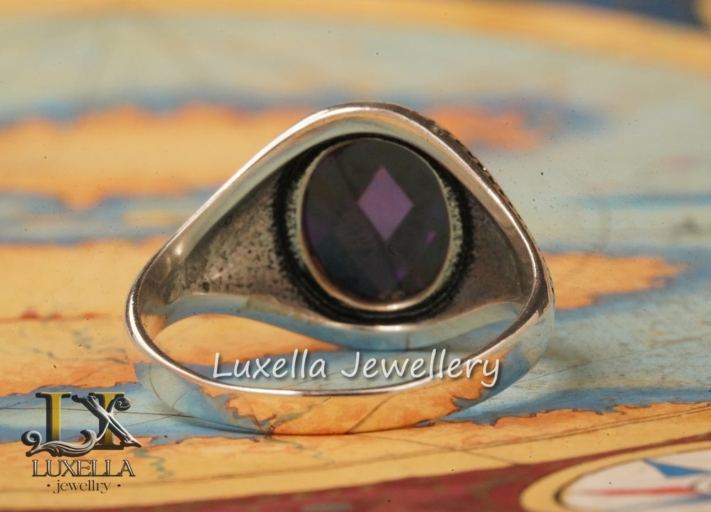 Sterling Silver Amethyst Men's Ring - Handcrafted Statement Jewelry for Men