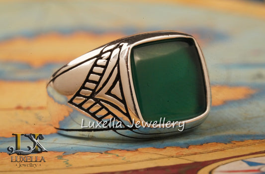 Sterling Silver Green Onyx Men's Ring - Unique Handcrafted Ring for Men