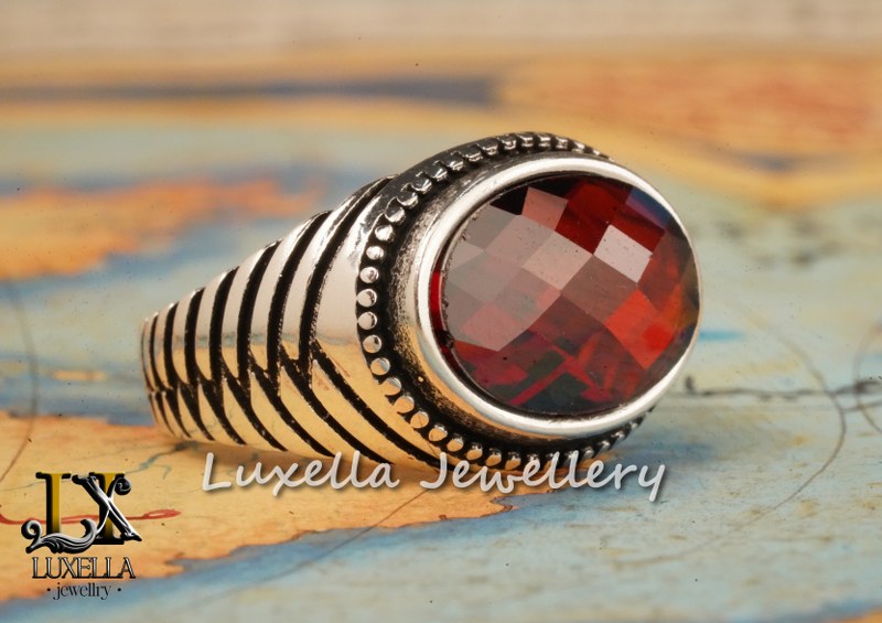 Sterling Silver Garnet Men's Ring - Handcrafted Jewelry for Bold Style