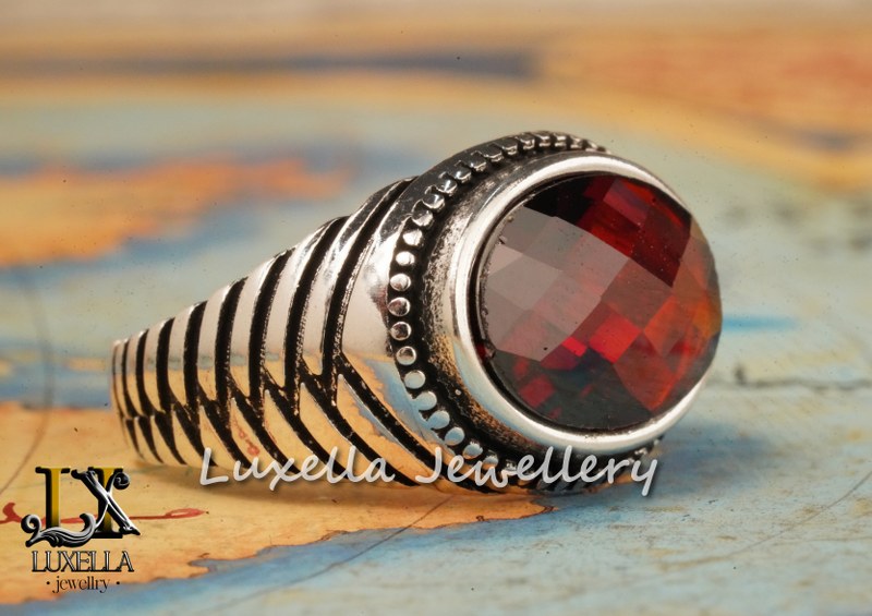 Sterling Silver Garnet Men's Ring - Handcrafted Jewelry for Bold Style