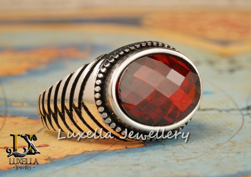 Sterling Silver Garnet Men's Ring - Handcrafted Jewelry for Bold Style