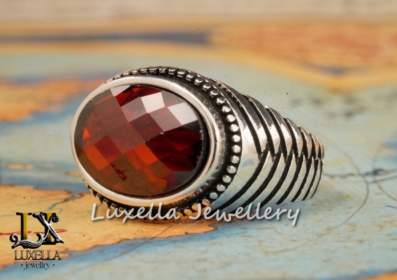 Sterling Silver Garnet Men's Ring - Handcrafted Jewelry for Bold Style