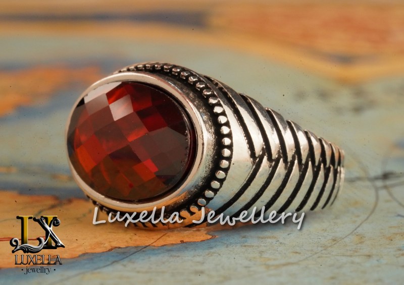 Sterling Silver Garnet Men's Ring - Handcrafted Jewelry for Bold Style