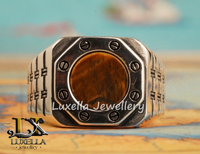 Sterling Silver Zircon   Tiger's Eye Men's Ring - Unique Jewelry for Men