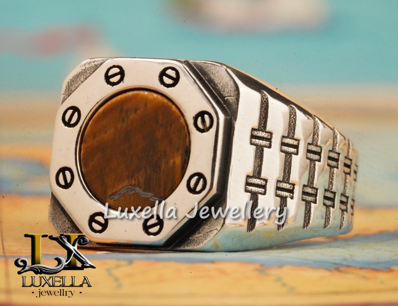 Sterling Silver Zircon   Tiger's Eye Men's Ring - Unique Jewelry for Men