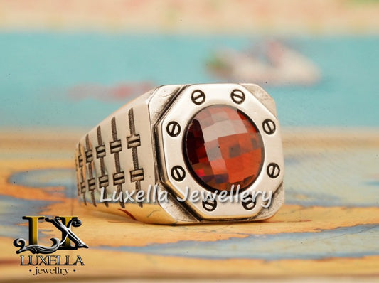 Sterling Silver Garnet Men's Ring - Handcrafted Jewelry for Bold Style.