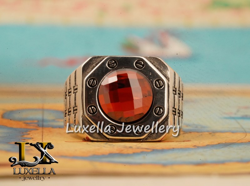 Sterling Silver Garnet Men's Ring - Handcrafted Jewelry for Bold Style.