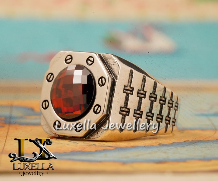 Sterling Silver Garnet Men's Ring - Handcrafted Jewelry for Bold Style.