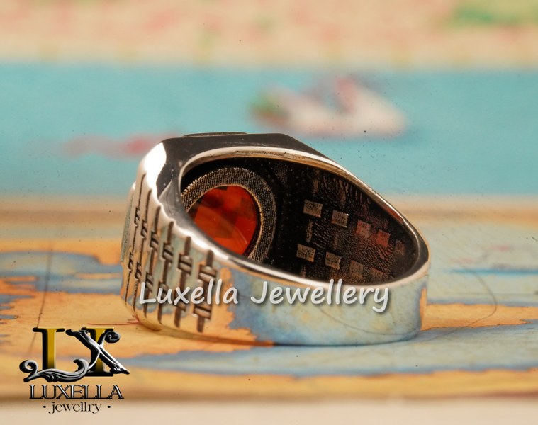 Sterling Silver Garnet Men's Ring - Handcrafted Jewelry for Bold Style.