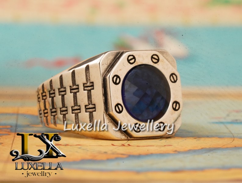 Sterling Silver Sapphire Men's Ring - Handcrafted Ring for Men