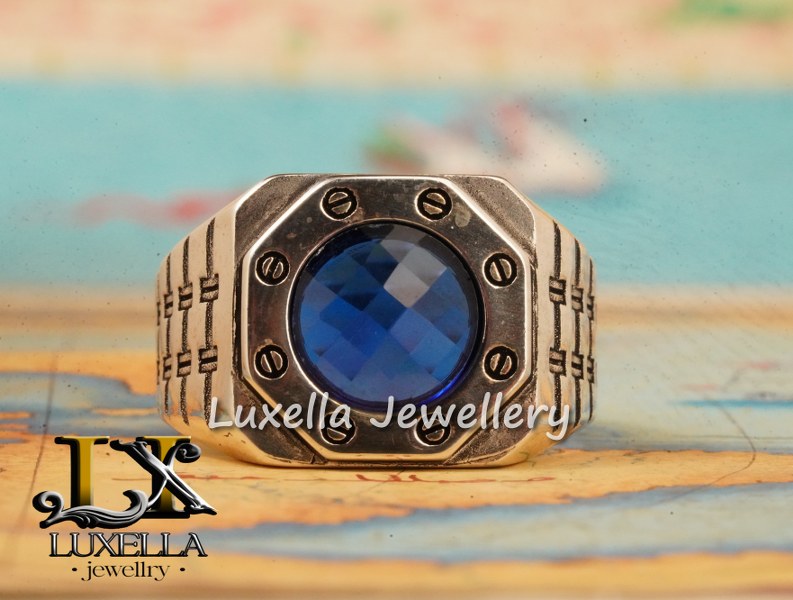 Sterling Silver Sapphire Men's Ring - Handcrafted Ring for Men