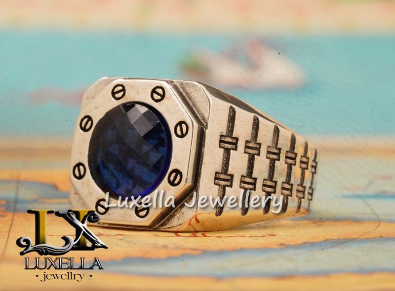 Sterling Silver Sapphire Men's Ring - Handcrafted Ring for Men