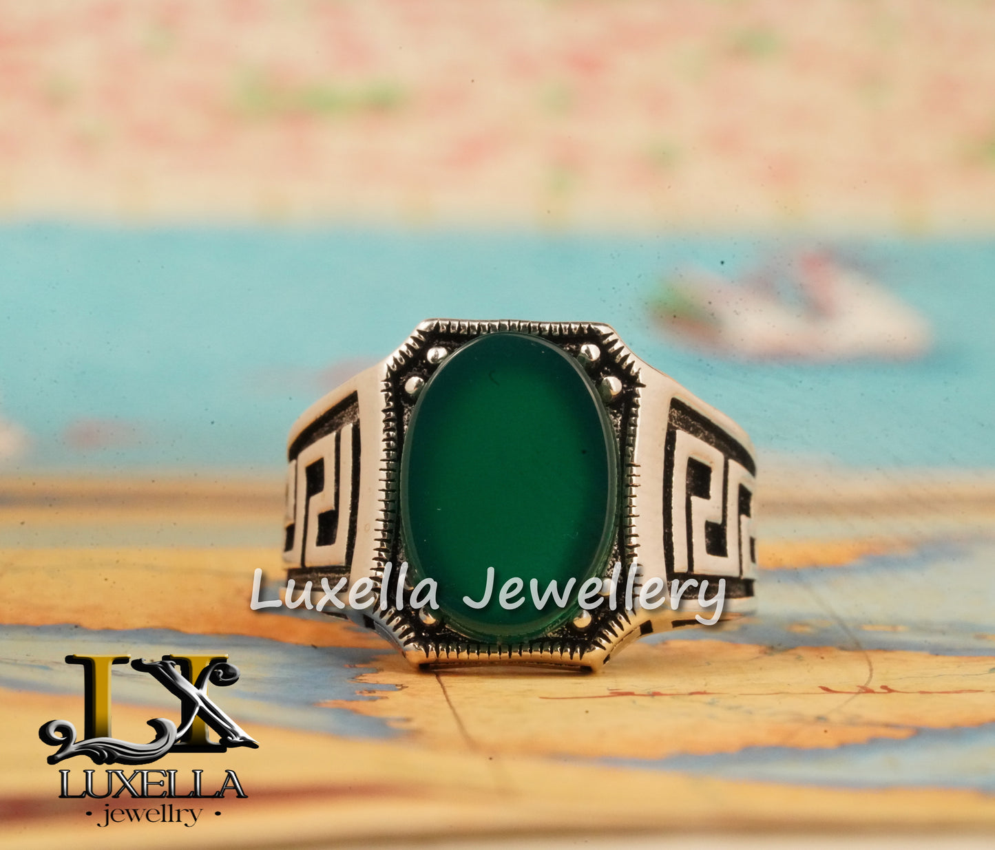 Sterling Silver Green Onyx Men's Ring - Unique Handcrafted Jewelry Ring For Men