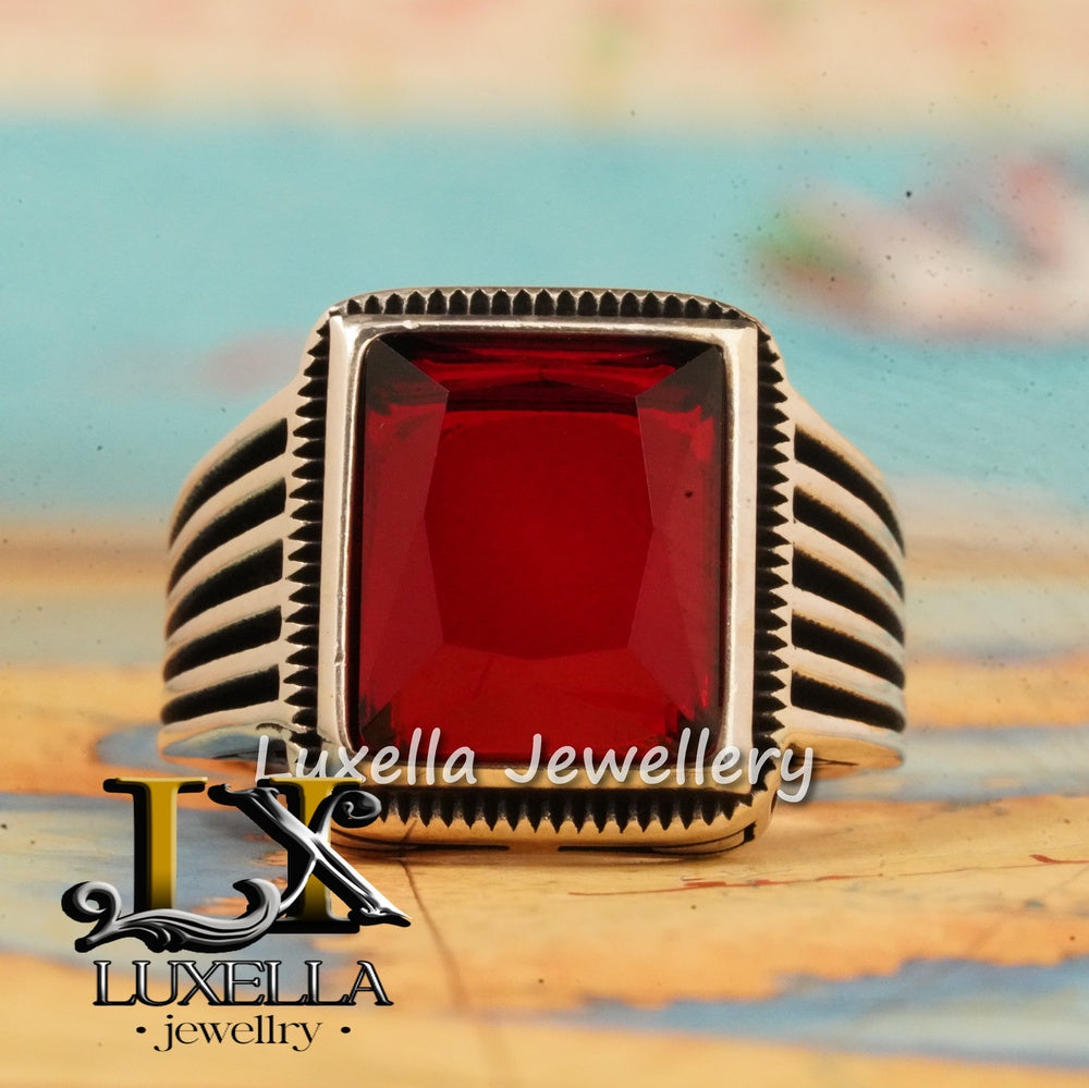 Sterling Silver Red Ruby Men's Ring - Elegant Handcrafted Jewelry for Men