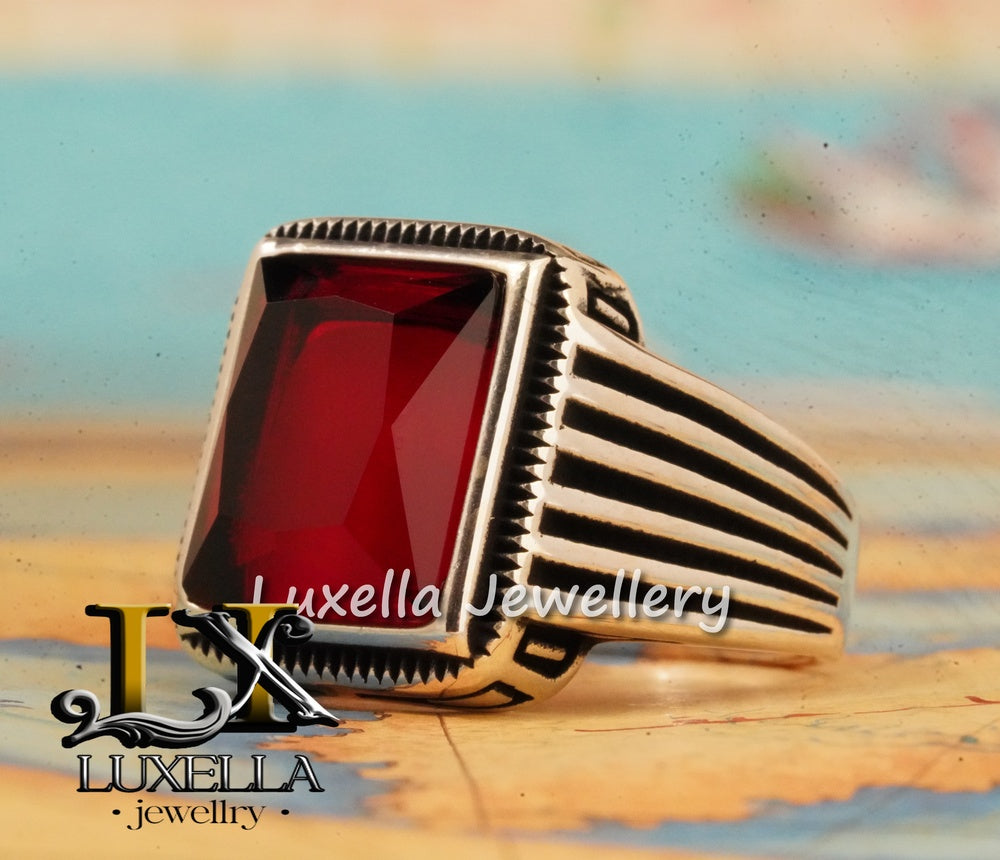 Sterling Silver Red Ruby Men's Ring - Elegant Handcrafted Jewelry for Men