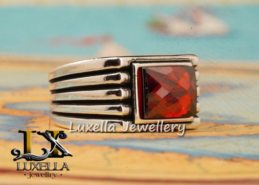 Sterling Silver Garnet Men's Ring - Handcrafted Jewelry for Bold Style