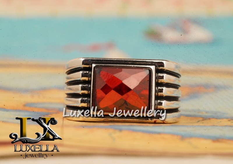 Sterling Silver Garnet Men's Ring - Handcrafted Jewelry for Bold Style