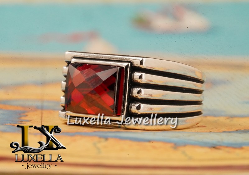 Sterling Silver Garnet Men's Ring - Handcrafted Jewelry for Bold Style