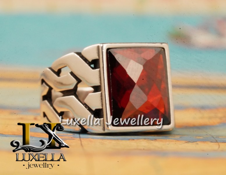 Sterling Silver Garnet Men's Ring - Handcrafted Jewelry for Bold Style