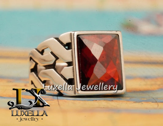 Sterling Silver Garnet Men's Ring - Handcrafted Jewelry for Bold Style