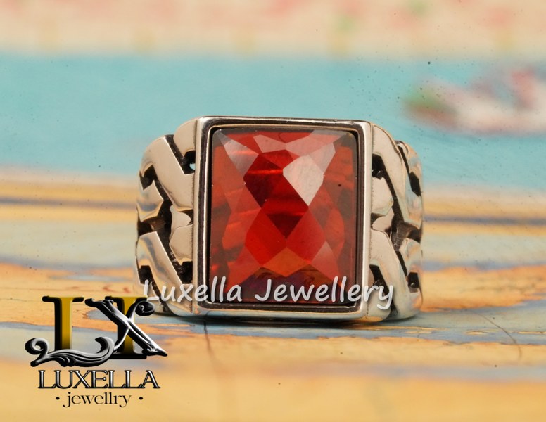 Sterling Silver Garnet Men's Ring - Handcrafted Jewelry for Bold Style