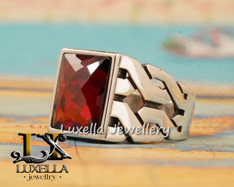 Sterling Silver Garnet Men's Ring - Handcrafted Jewelry for Bold Style