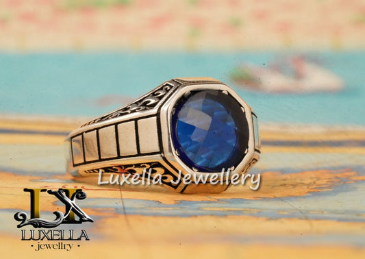 Sterling Silver Sapphire Men's Ring - Handcrafted Ring for Men