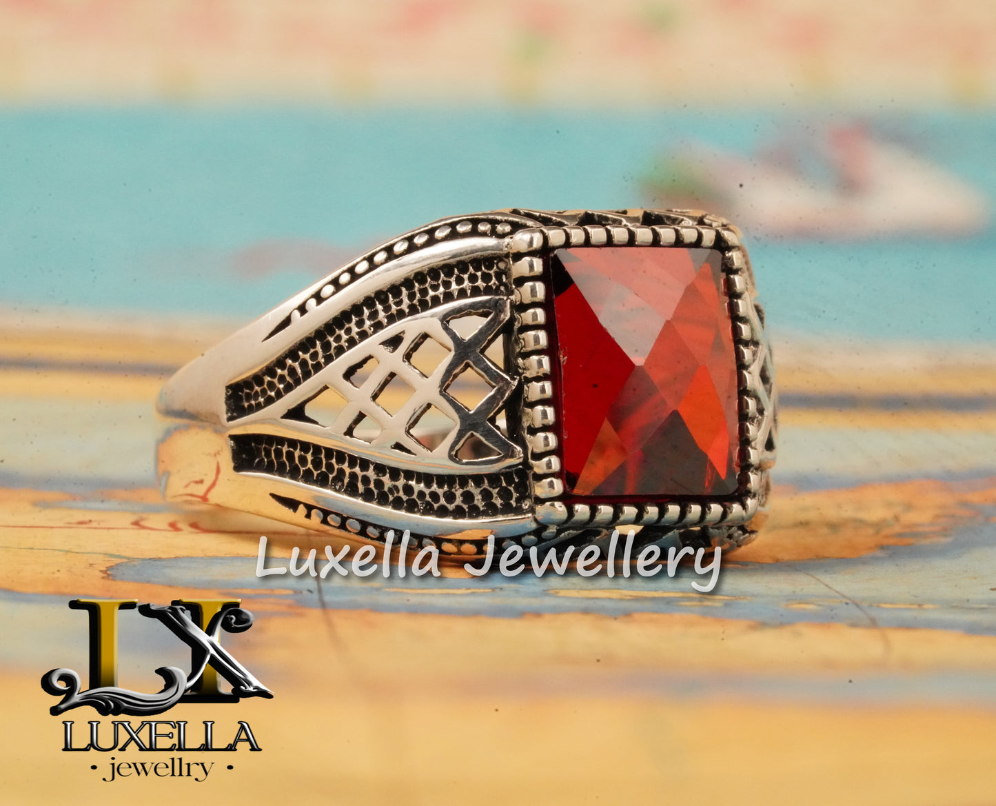 Sterling Silver Garnet Men's Ring - Handcrafted Jewelry for Bold Style