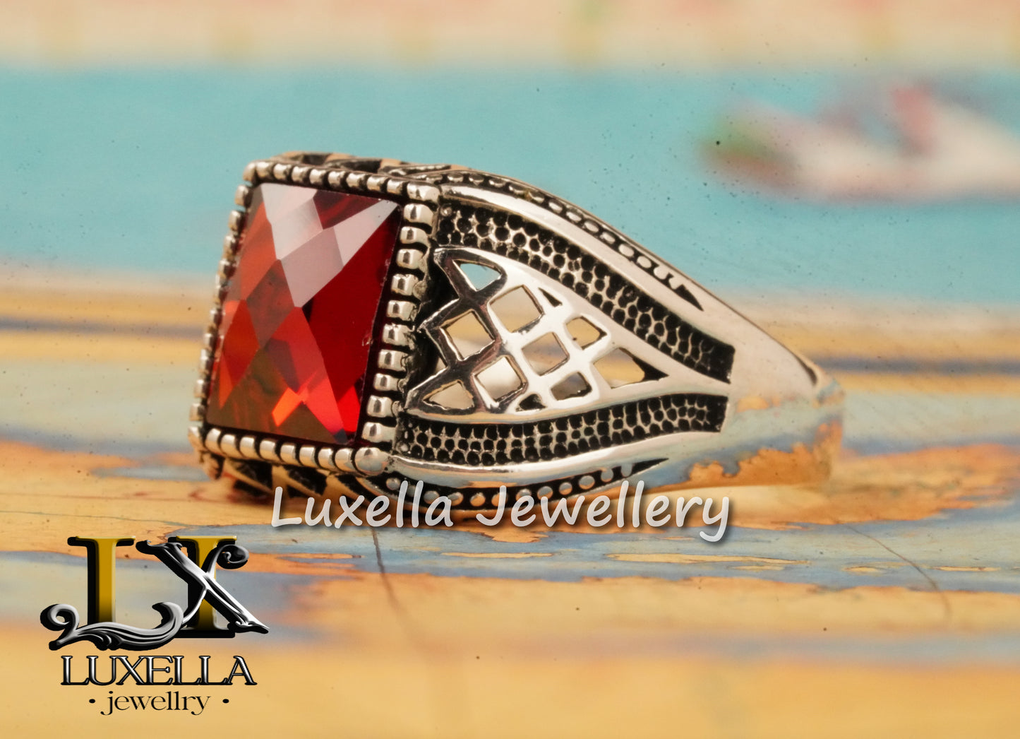 Sterling Silver Garnet Men's Ring - Handcrafted Jewelry for Bold Style