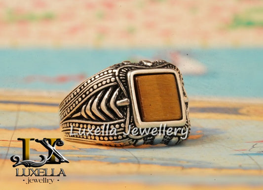 Sterling Silver Zircon  Tiger's Eye Men's Ring - Unique Jewelry for Men