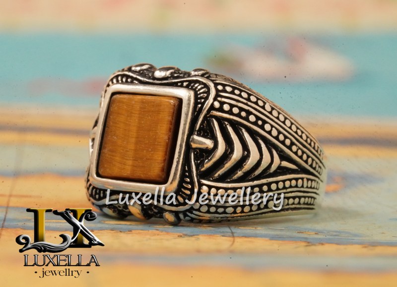 Sterling Silver Zircon  Tiger's Eye Men's Ring - Unique Jewelry for Men