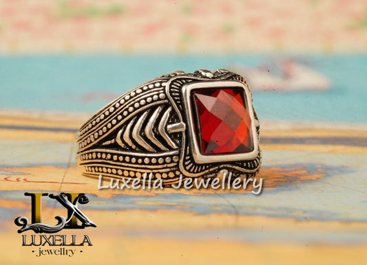 Sterling Silver Garnet Men's Ring - Handcrafted Jewelry for Bold Style