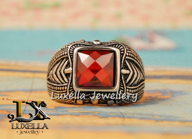 Sterling Silver Garnet Men's Ring - Handcrafted Jewelry for Bold Style