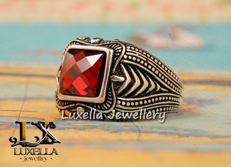 Sterling Silver Garnet Men's Ring - Handcrafted Jewelry for Bold Style