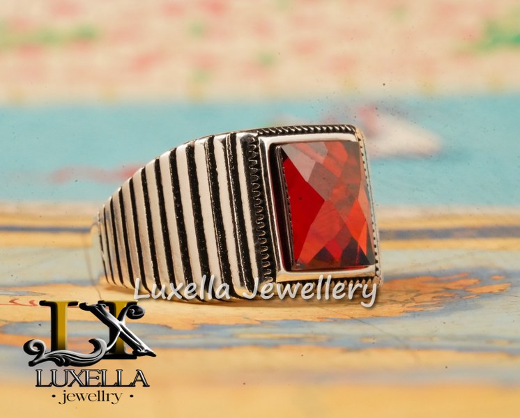 Sterling Silver Garnet Men's Ring - Handcrafted Jewelry for Bold Style