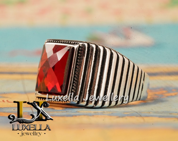 Sterling Silver Garnet Men's Ring - Handcrafted Jewelry for Bold Style