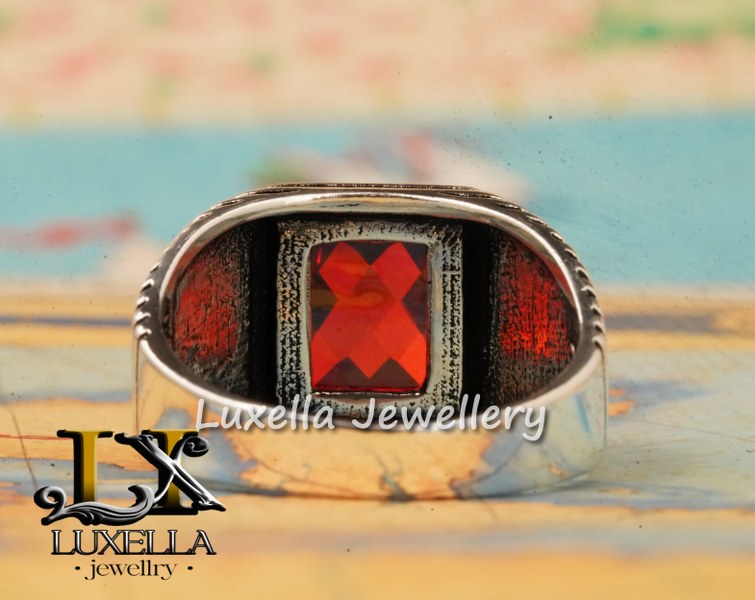 Sterling Silver Garnet Men's Ring - Handcrafted Jewelry for Bold Style