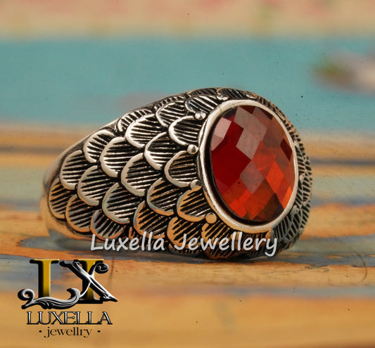 Sterling Silver Garnet Men's Ring - Handcrafted Jewelry for Bold Style