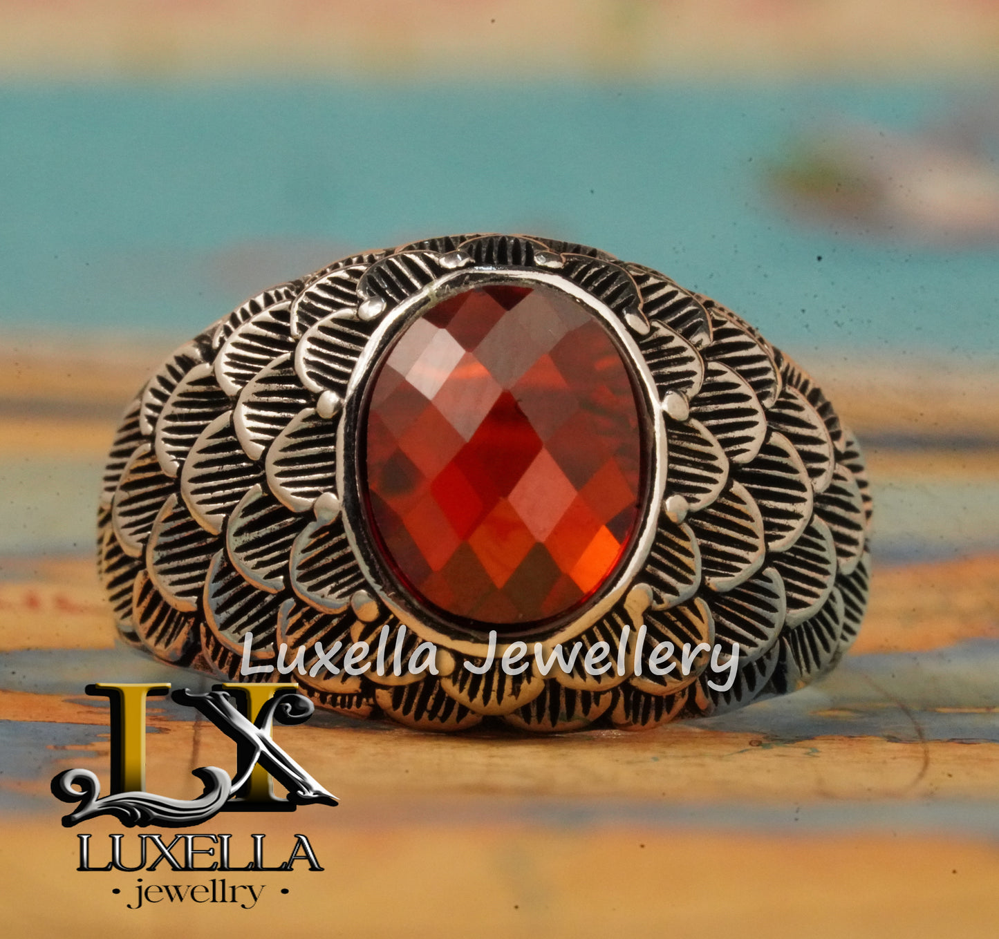 Sterling Silver Garnet Men's Ring - Handcrafted Jewelry for Bold Style