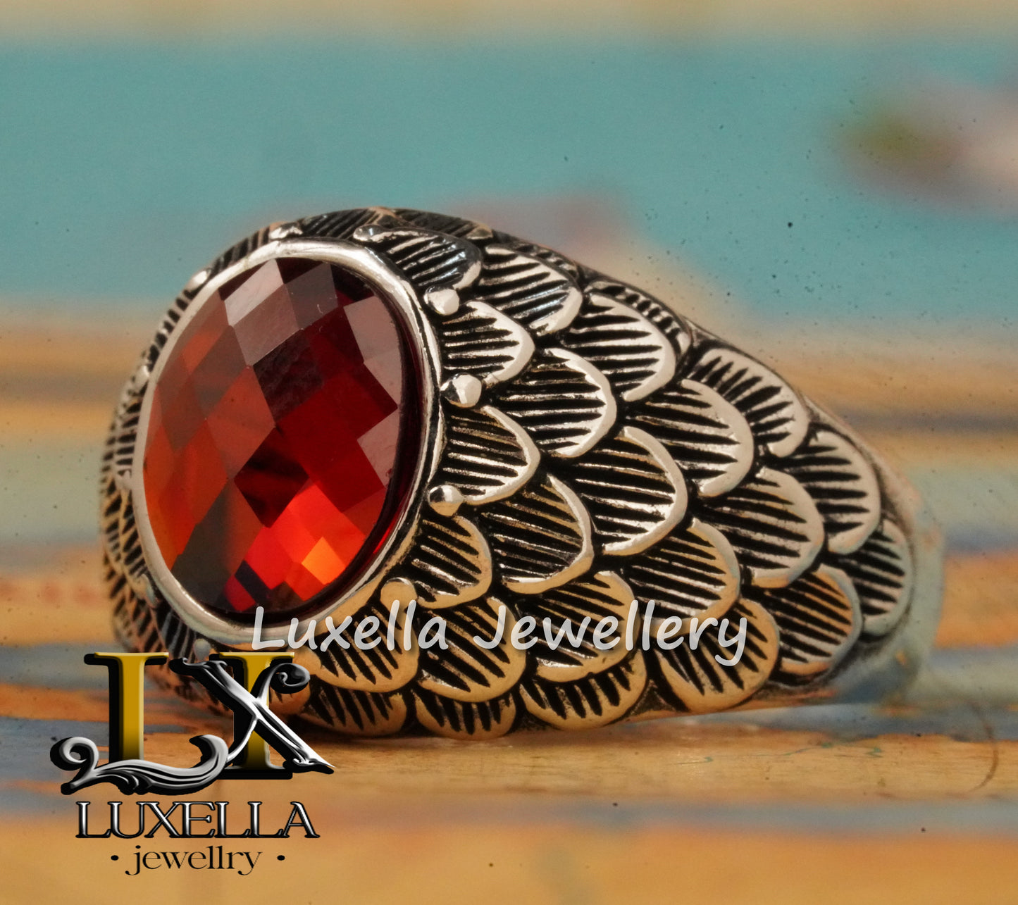 Sterling Silver Garnet Men's Ring - Handcrafted Jewelry for Bold Style