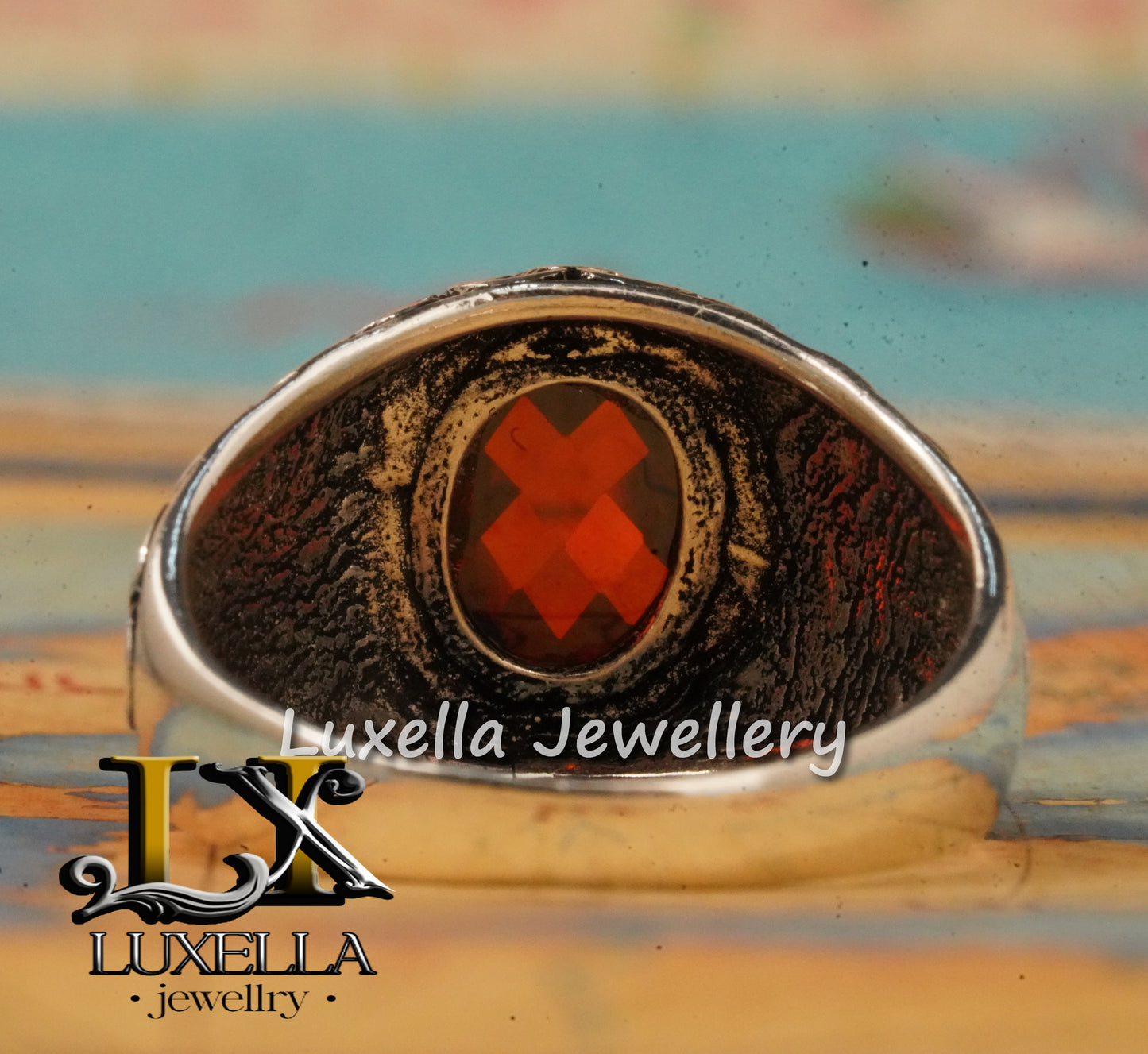 Sterling Silver Garnet Men's Ring - Handcrafted Jewelry for Bold Style