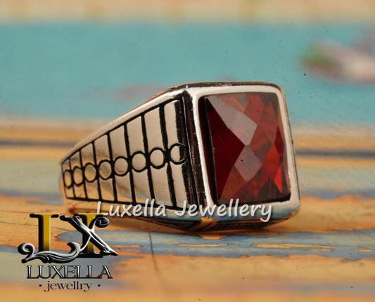 Sterling Silver Garnet Men's Ring - Handcrafted Jewelry for Bold Style