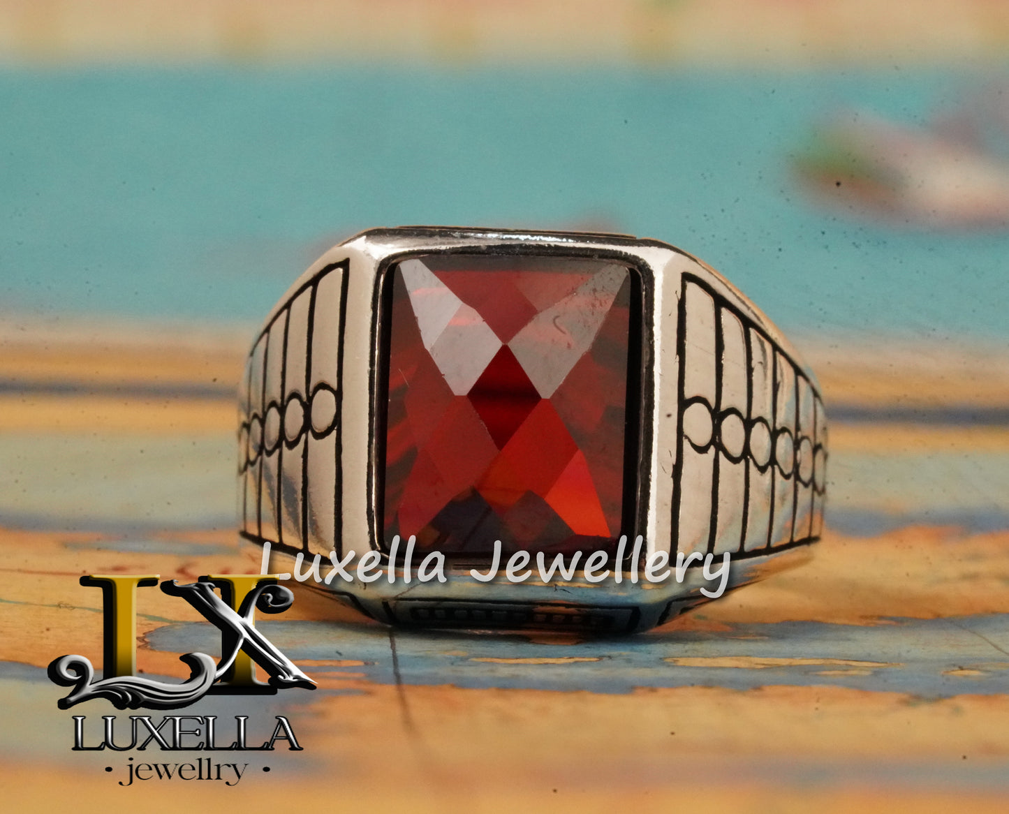 Sterling Silver Garnet Men's Ring - Handcrafted Jewelry for Bold Style