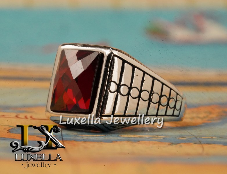 Sterling Silver Garnet Men's Ring - Handcrafted Jewelry for Bold Style