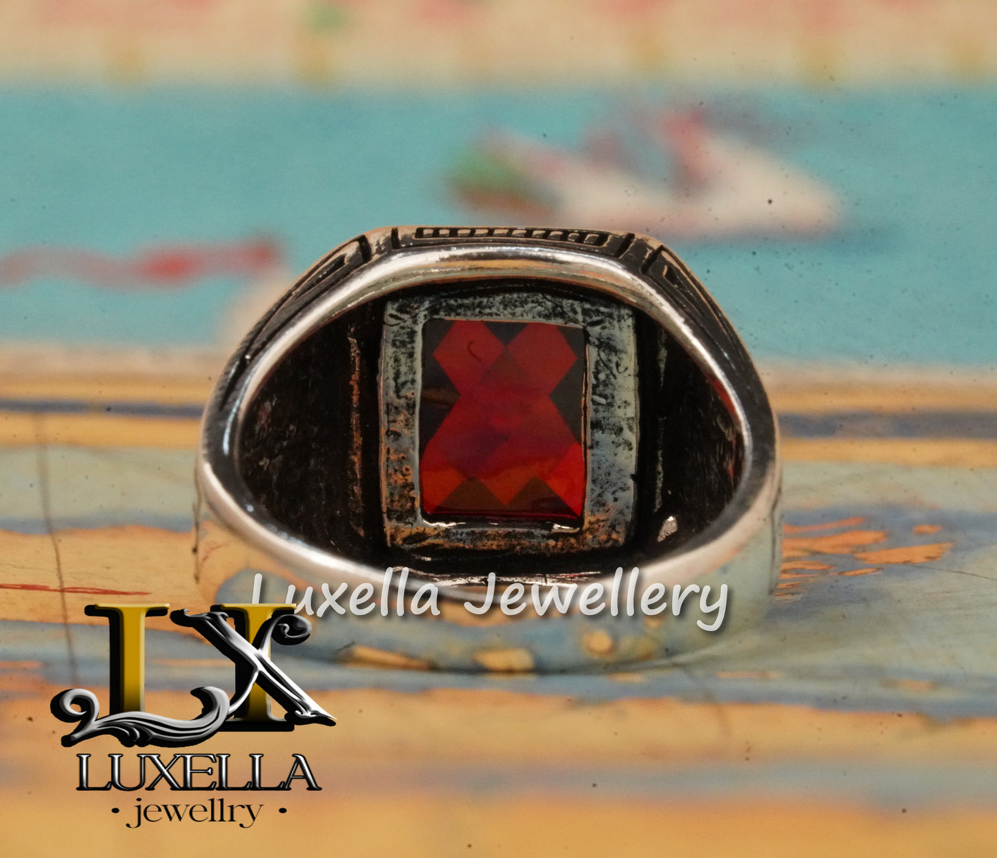 Sterling Silver Garnet Men's Ring - Handcrafted Jewelry for Bold Style