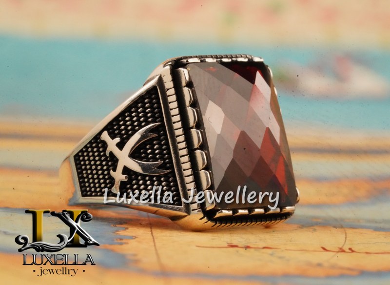 Sterling Silver Garnet Men's Ring - Handcrafted Jewelry for Bold Style