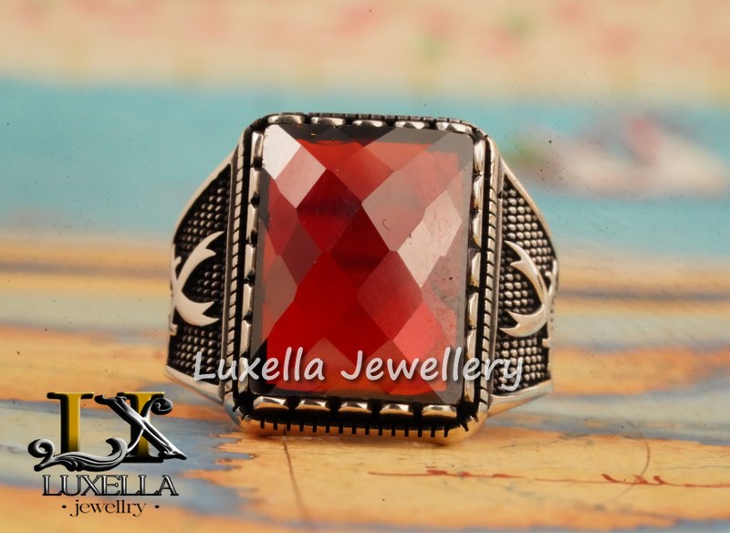 Sterling Silver Garnet Men's Ring - Handcrafted Jewelry for Bold Style