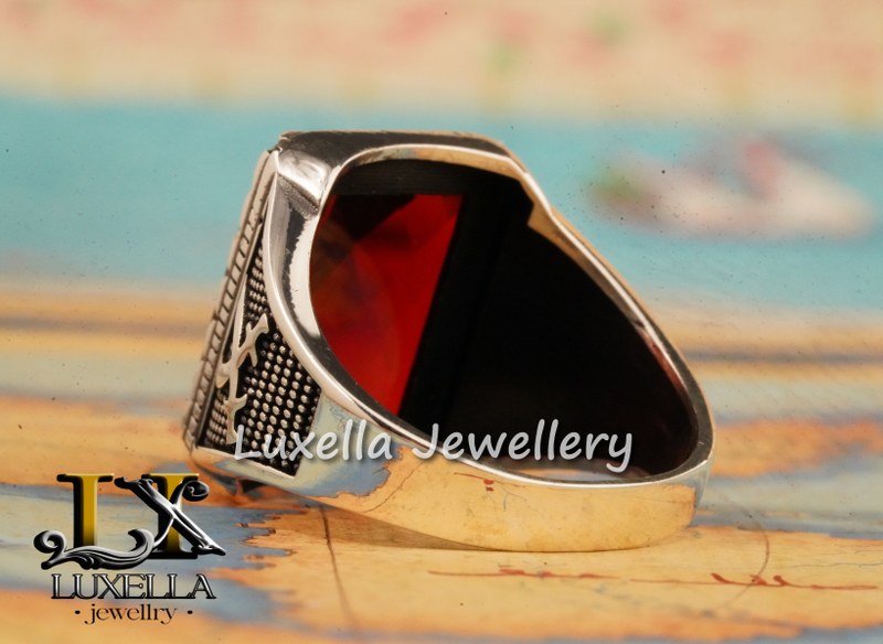 Sterling Silver Garnet Men's Ring - Handcrafted Jewelry for Bold Style