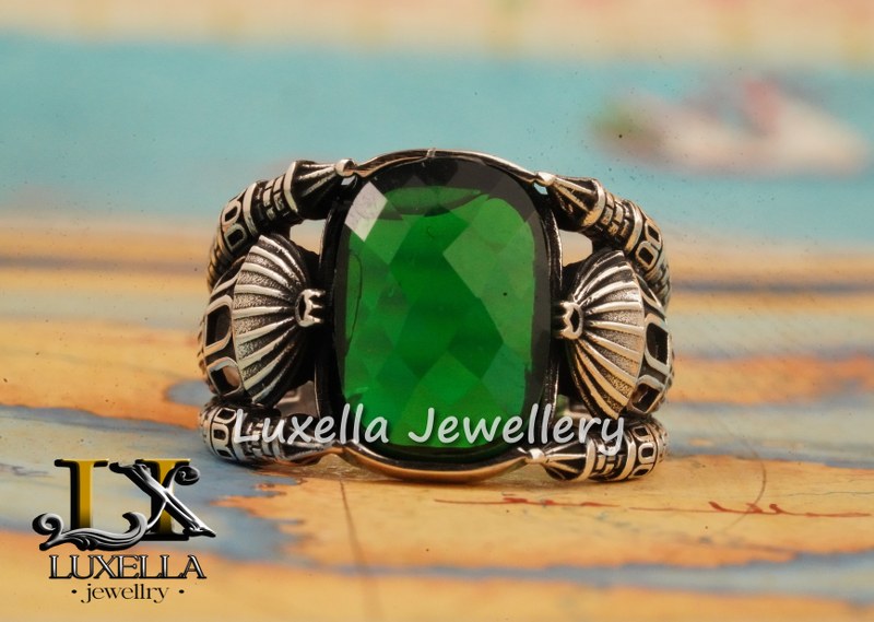 Sterling Silver Emerald Men's Ring - Unique Handcrafted Ring for Men