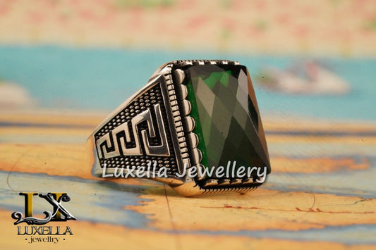 Sterling Silver Emerald Men's Ring - Unique Handcrafted Ring for Men